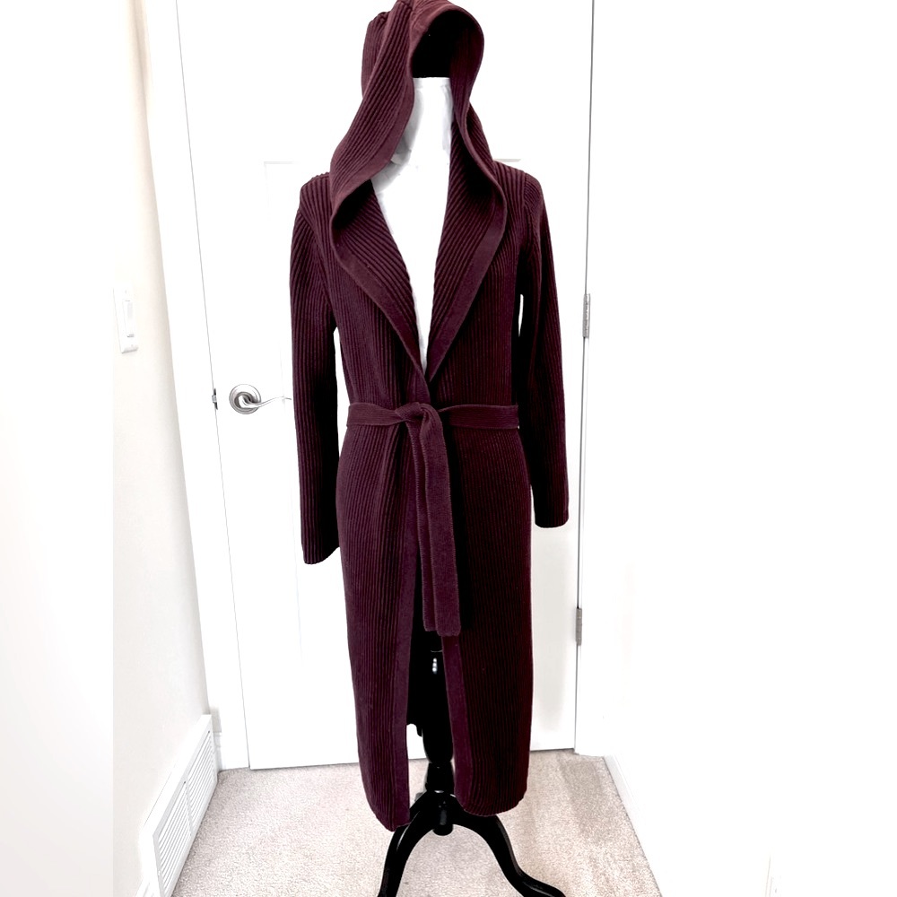 J. Crew Heavyweight Ribbed Cotton Hooded Long Belted Cardigan Brown/Maro…